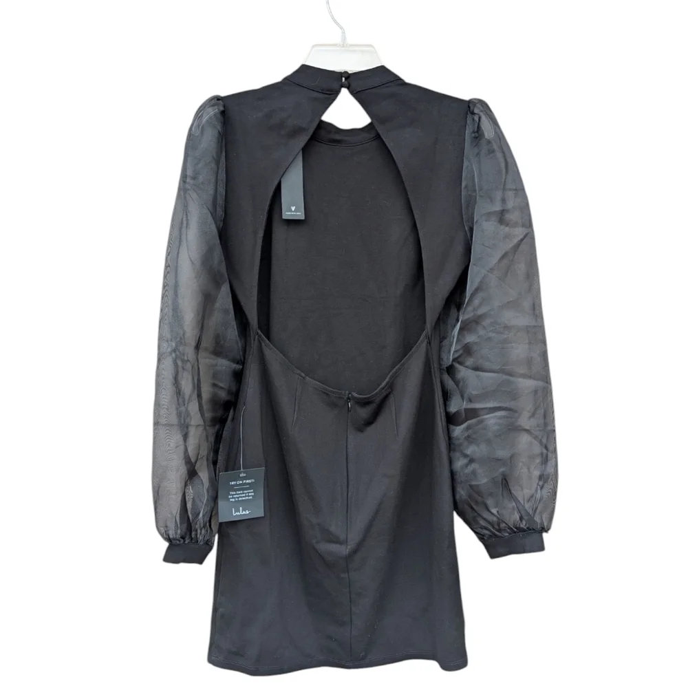 LULUS Seeking Sophistication Black Backless Balloon Sleeve Mini Dress NWT